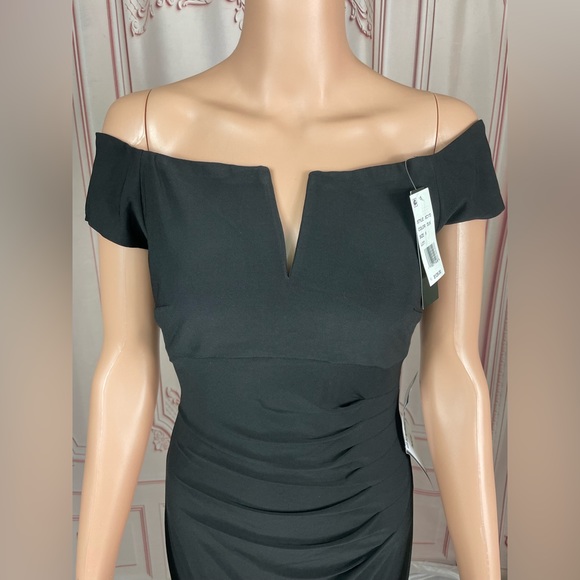 XSCAPE Womens Black Notched Neckline Short Sleeve Off Sheath Dress 6 Small NEW - Picture 11 of 15
